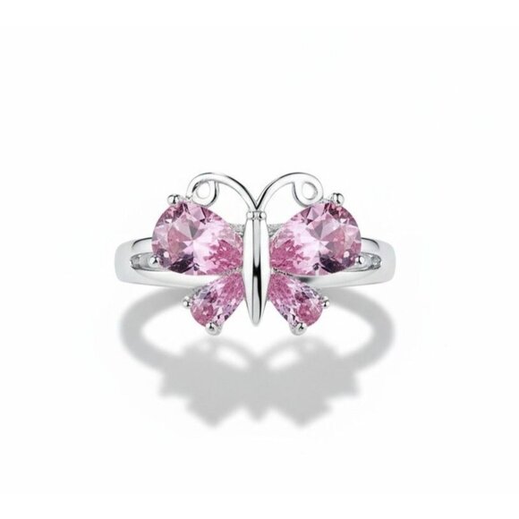 Sparkling Pink Butterfly Cubic Zirconia Ring Size 8 Sterling Silver - Picture 3 of 7